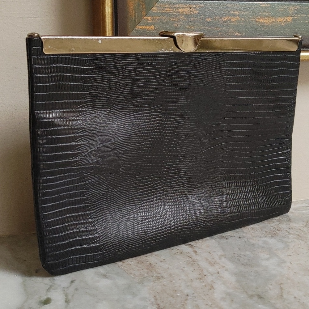 Vintage Etra Cobra Embossed Black Leather Clutch with Brass Chain